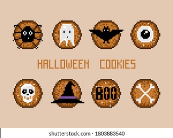 Cute halloween cookies with frosting in the old pixel style. Vector illustration of delicious treats for the Halloween holiday. Pixel art sweets in the form of a spider, skull, ghost, bones, eyes, bat