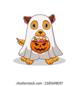 Cute halloween costumes dog holds pumpkin bag full candy