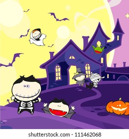 Cute Halloween creatures and a scary house