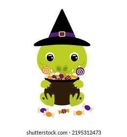 Cute Halloween crocodile in witch hat holding a pot with candies. Cartoon animal character for kids t-shirts, nursery decoration, baby shower, greeting card, invitation. Vector stock illustration