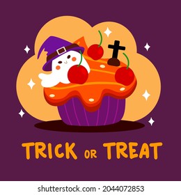 Cute Halloween cupcake cartoon.Trick or treat.vector illustion.kawaii Halloween concept.home made and Fresh baked Sweet and dessert.