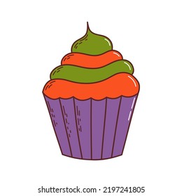 Cute halloween cupcake. Halloween element. Trick or treat concept. Vector illustration in hand drawn style