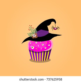 Cute halloween cupcake with purple cream, witch hat and monster eyes isolated on orange background. Vector illustration, clip art.