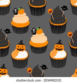 Cute Halloween cupcake seamless pattern on dark grey background for Halloween fashion print, wallpaper, gift wrapping paper etc.