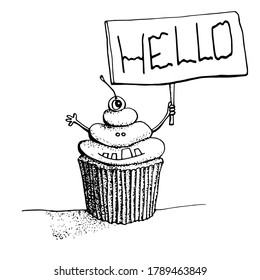 Cute Halloween cupcake with a sign "Hello". Vector card for October holiday with monster dessert for your design. Cute black and white illustration for Coloring book.