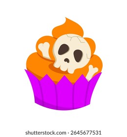 Cute Halloween cupcake. Vector Halloween print cute little cake with skull and bones on white background. Funny cartoon illustration for fabric, decoration, backdrop.