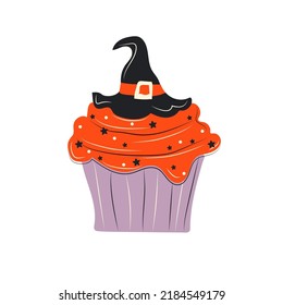 Cute halloween cupcake with a witch's hat cartoon characters,  in hand drawn style. Vector