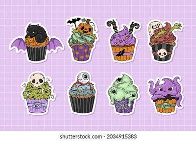 Cute halloween cupcakes cartoon characters, stickers collection in hand drawn style