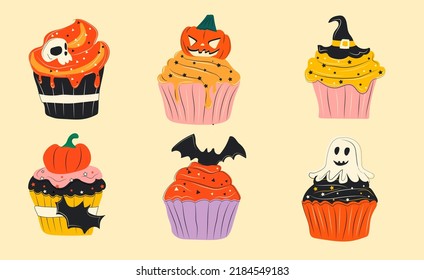 Cute halloween cupcakes cartoon characters, stickers collection in hand drawn style. Vector