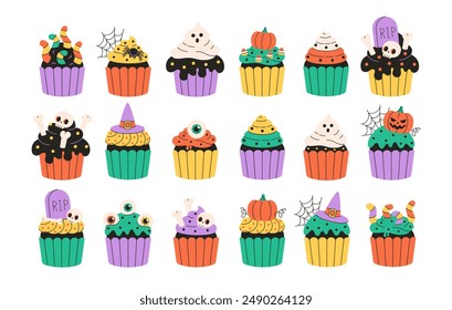 Cute Halloween cupcakes with eyes, spider, web, ghost, pumpkins, bones. Happy Halloween. Trick or treat. Vector illustration in flat style