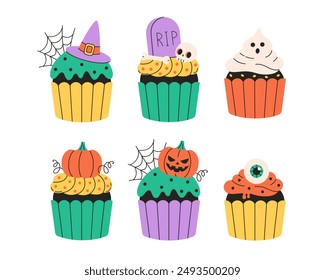 Cute Halloween cupcakes with eyes, spider, web, ghost, pumpkins, bones. Happy Halloween. Trick or treat. Vector illustration in flat style