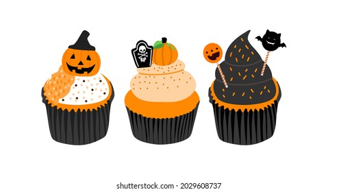 Cute Halloween cupcakes hand drawn with pumpkin cookies , tombstone cookie, pumpkin candy, bat candy and sugar banner. Halloween dessert illustration isolated on white background.