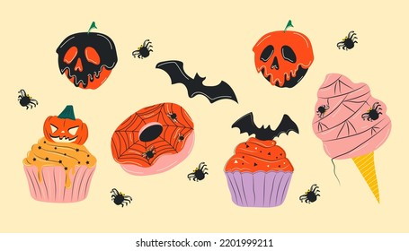 Cute halloween cupcakes, ice cream, donut cartoon characters, stickers collection in hand drawn style. Vector