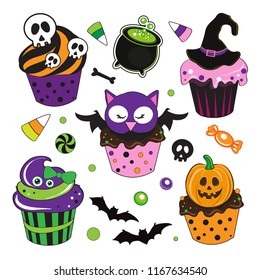 Cute Halloween Cupcakes with owl, pumpking, bat