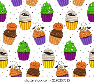 Cute Halloween Cupcakes pattern on a white background. Isolated from background vector illustration