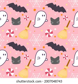 Cute Halloween day seamless pattern with ghosts, broom sticks, candies, spider webs, black cats and bats on pink background