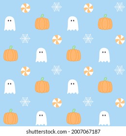 Cuto día de Halloween patrón sin fisuras con fantasmas, caramelos, telarañas y calabazas sobre fondo azul pastel