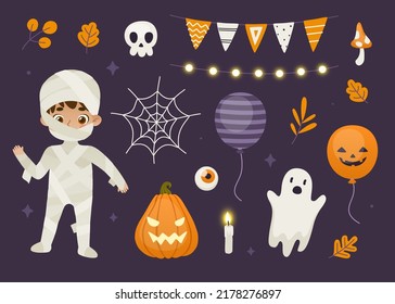 Cute Halloween Decor Set And Boy In Mummy Costume. Halloween Kids Party Vector Collection.