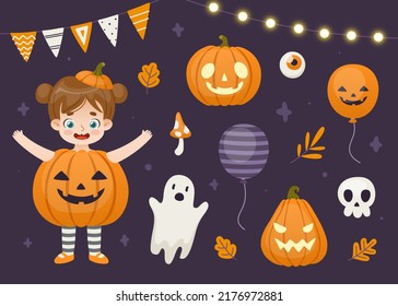 Cute Halloween Decor Set And Girl In Pumpkin Costume. Halloween Kids Party Vector Collection.