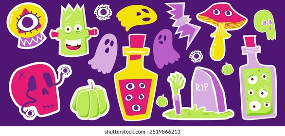 Cute Halloween decoration element sticker set. Psychedelic skull, a magic potion and a jar with eyes. Collection of creepy ghost, pumpkin, bat, poisonous mushroom, grave, magic ball,  zombie hand. 