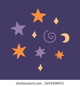 Lindos Elementos decorativos de Halloween: estrellas, luna, destellos y espiral sobre un fondo oscuro. Vector ilustración dibujada a mano en un estilo plano. Perfecto para tarjetas, decoraciones y diseños de vacaciones.