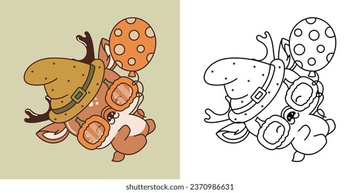 Cute Halloween Deer Illustration and For Coloring Page. Cartoon Clip Art Halloween Animal. Cute Vector Illustration of Halloween Kawaii Forest Animal in Witch Costume. 