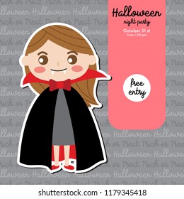 Cute Halloween design concept with girl in Dracula costume for poster, banner, party invitation, greeting card. Vector Illustration.