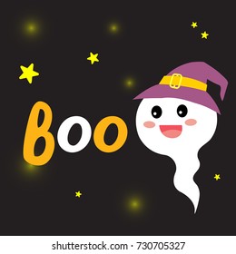 Cute Halloween design concept with little white ghost wearing purple witch hat and BOO lettering on dark background and stars for poster, banner, party invitation, greeting card. Vector Illustration.