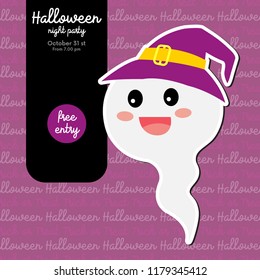 Cute Halloween design concept with white imp ghost for poster, banner, party invitation, greeting card. Vector Illustration.