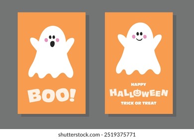 Cute Halloween design with funny ghost. Collection of greeting cards. Vector illustration