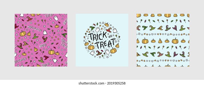 Diseño de Halloween lindo, fondo de patrón y tipografía, ideal para invitaciones a fiestas, banners, tarjetas - diseño vectorial