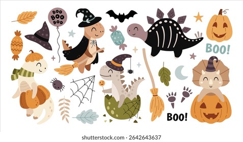 Cute Halloween dinosaurs clipart set. Spooky seasonal objects, Happy Halloween hand drawn vector illustration in cartoon flat style