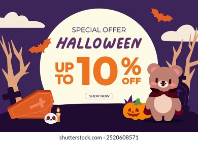 Cute Halloween Discount Banner with Bear, Coffin, and Pumpkins. Halloween Sale Banner with Cute Bear and Jack o Lantern.