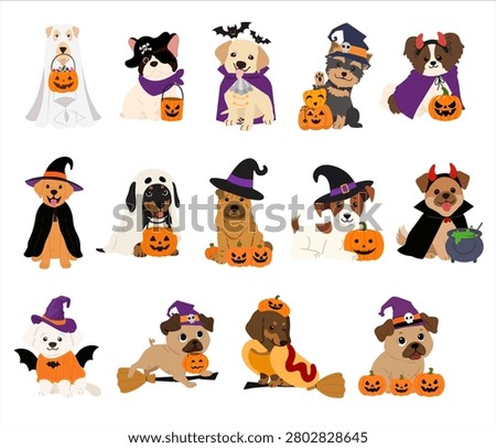 Cute Halloween dogs set, cartoon puppies in witch, ghost, vampire costumes with pumpkins collection isolated on white background