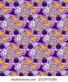 cute Halloween doodle background with pumpkins, ghosts, and mummies. Perfect for adding a spooky and festive touch to your designs.