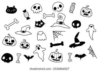 Lindo conjunto de Elementos de decoración de doodle de Halloween. Fantasma, murciélago, Web araña, calabaza, hueso, gato, sombrero de bruja. Decoraciones navideñas de octubre, personajes espirituales. Ilustración vectorial plana para niños aislada en blanco.