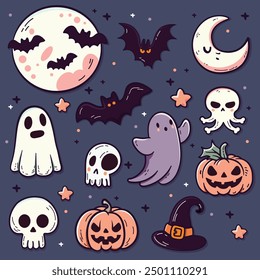 Elementos lindos del doodle de Halloween fijados, en Imagen azul marino del Vector del fondo