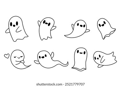 Cute Halloween doodle ghost with happy funny face expressions. October holiday decorations, spirit characters. Children's coloring pages. Kids flat vector illustration isolated on white.