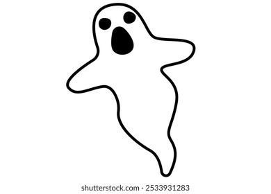 Cute Halloween doodle ghost with happy face expressions. October holiday decorations, spirit characters. Children's coloring pages. Kids flat vector illustration isolated on white background.