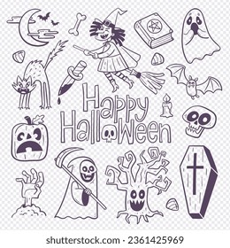 Cute Halloween doodle illustration with 16 isolated hand-drawn cliparts. Creepy halloween elements to celebrate a spooky night: Funny witch flying, scared ghost, agry cat, death character, and more!