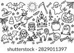 Cute Halloween doodle pattern with black line art icons like pumpkin, witch, bat, haunted house, and ghost on a white background