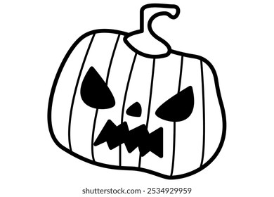 Linda calabaza doodle de Halloween con expresiones de cara divertida feliz. Decoraciones dibujadas a mano de octubre, personajes Jack-o-lantern. Dibujos para colorear para niños. Ilustración vectorial plana para niños aislada en blanco.