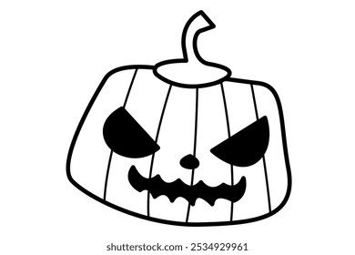 Linda calabaza doodle de Halloween con expresiones de cara divertida feliz. Decoraciones dibujadas a mano de octubre, personajes Jack-o-lantern. Dibujos para colorear para niños. Ilustración vectorial plana para niños aislada en blanco.