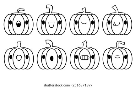 Cute Halloween doodle pumpkins with happy funny face expressions. October holiday decorations, Jack-o-lantern characters. Children's coloring pages. Kids flat vector illustration isolated on white.