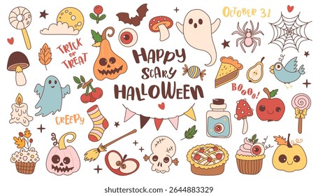 Cute Halloween Doodle Set with playful ghosts, pumpkins, candy, cupcakes, spiders, bats, and autumn treats. Decorated with cheerful lettering like Trick or Treat, Boo, and October 31