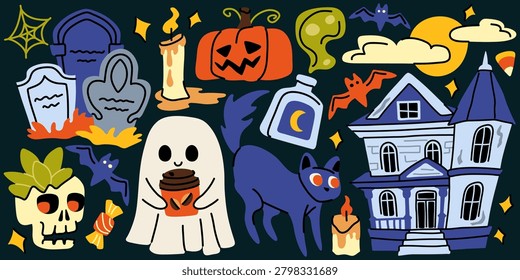 Cute Halloween doodle set with spooky haunted house, funny ghost holding coffee, black cat, jack-o'-lantern pumpkin, cemetery tombstones, bats, candles, candy, and skull vector elements