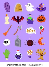Cute halloween doodle vector set. Cartoon happy halloween illustrations for design