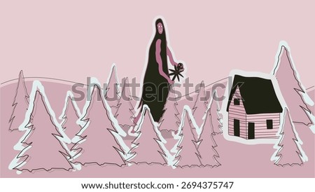 A cute Halloween doodle wallpaper featuring a friendly monster walking past trees towards a house. This 16:9 design is perfect for YouTube channel art, website headers, desktop wallpapers