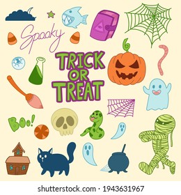 Cute Halloween doodles, trick or treat, toys, fun, funny, childish, art