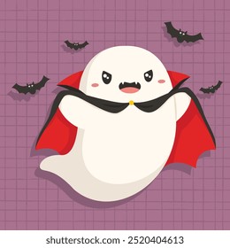 Cute Halloween Dracula ghost wearing black cape with flying bats character vector